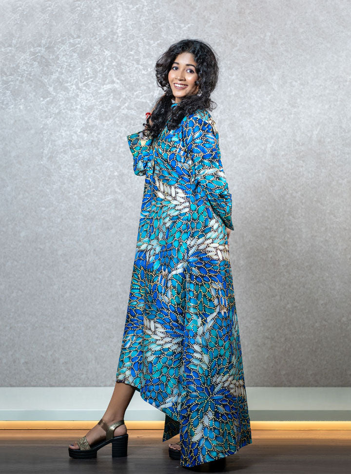 Wings printed blue long dress