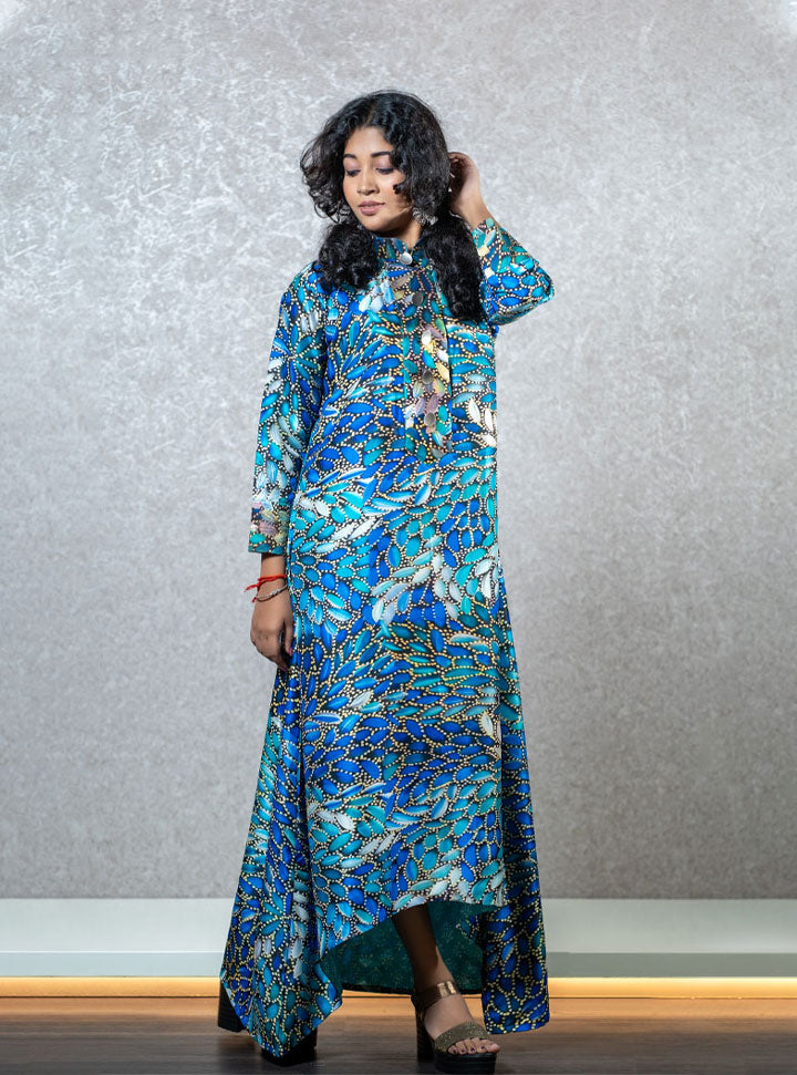 Wings printed blue long dress