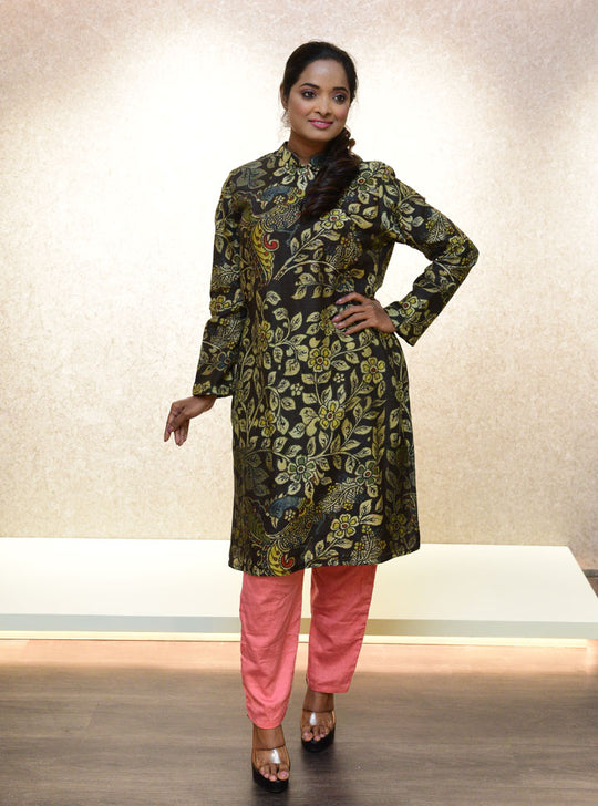 Black peacock printed high-neck kurti