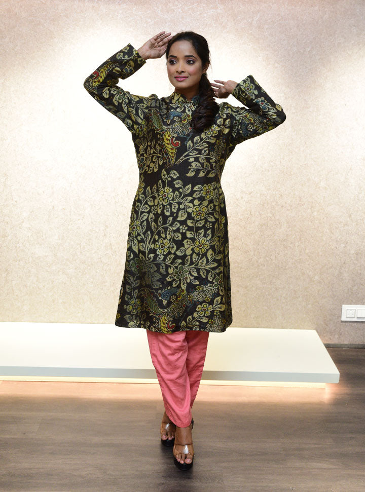 Black peacock printed high-neck kurti