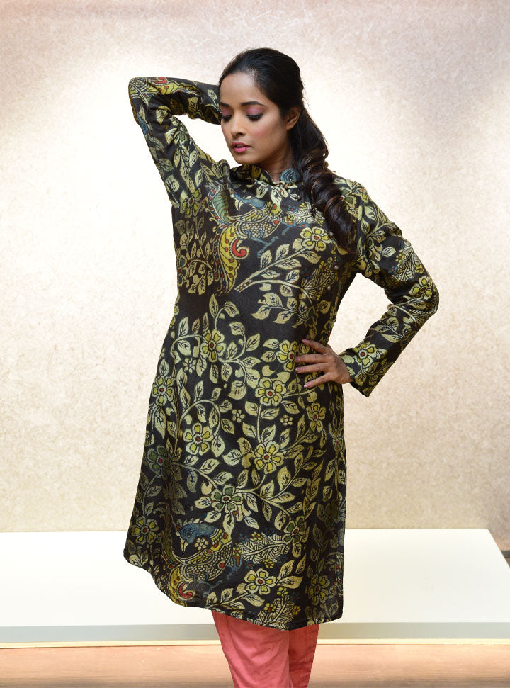 Black peacock printed high-neck kurti