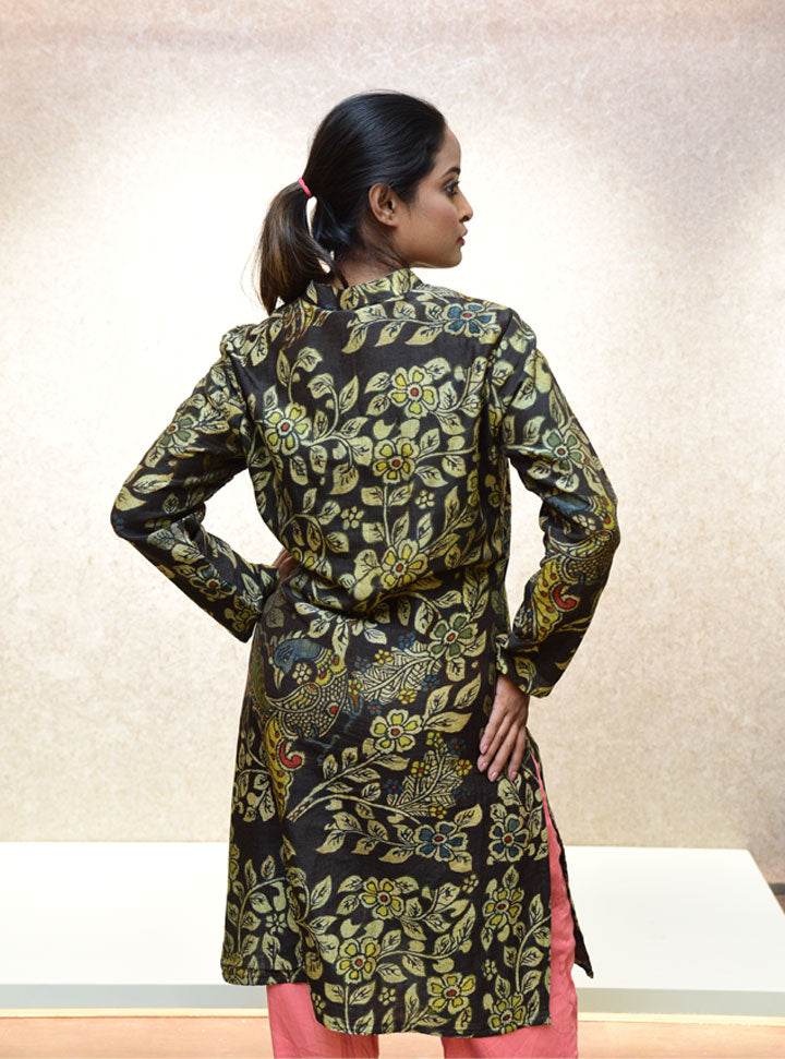 Black peacock printed high-neck kurti