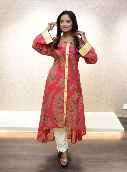 Red printed A-line long kurti