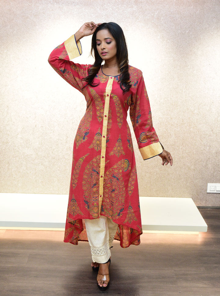 Red printed A-line long kurti