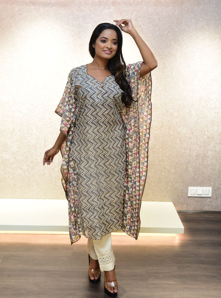 Gray printed long kaftan dress