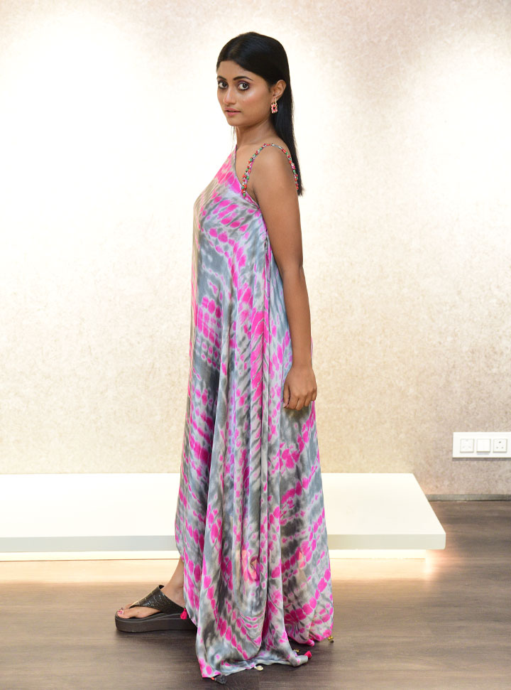 Pink and grey single shoulder 1pc long dress