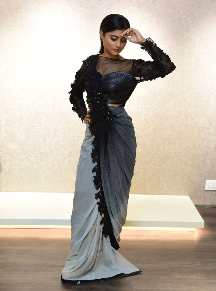 Black grey designer party wear saree