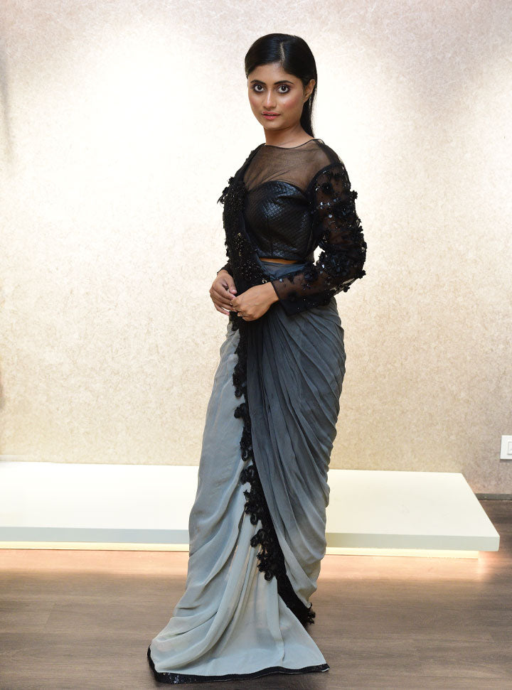 Black grey designer party wear saree