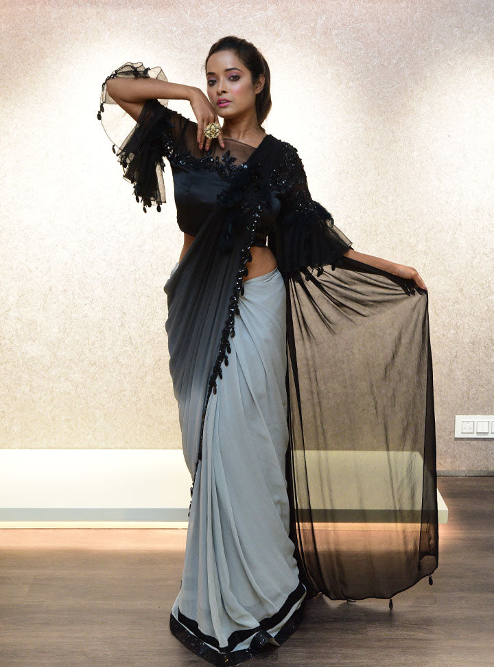 Grey and black designer party wear saree with blouse