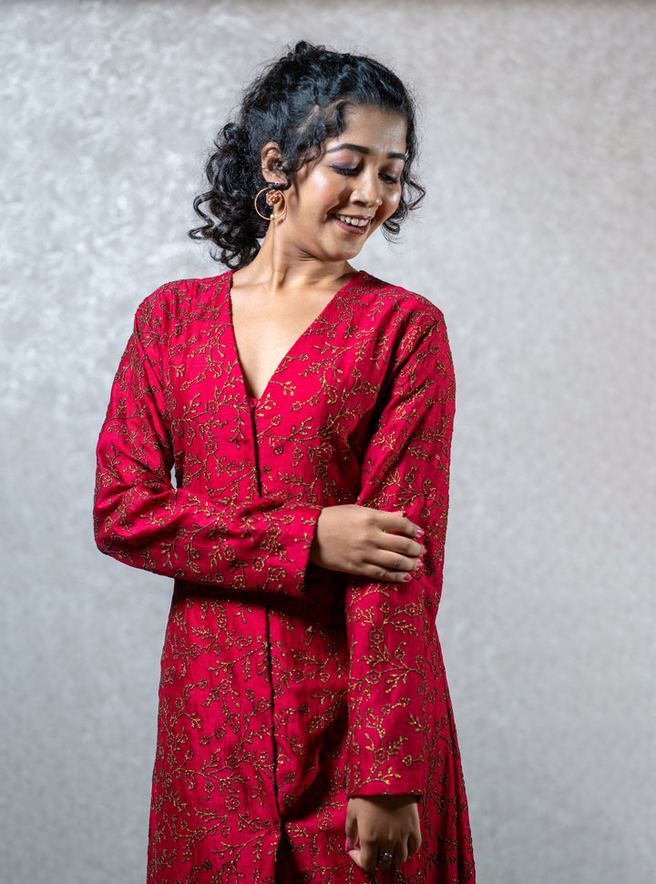 Red front cut long dress