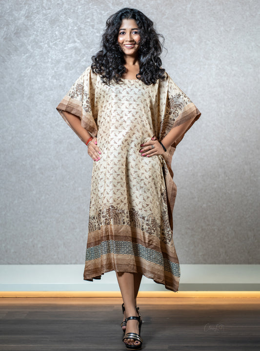 Brown bird print kaftan dress