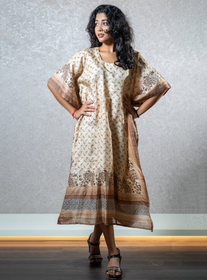 Brown bird print kaftan dress