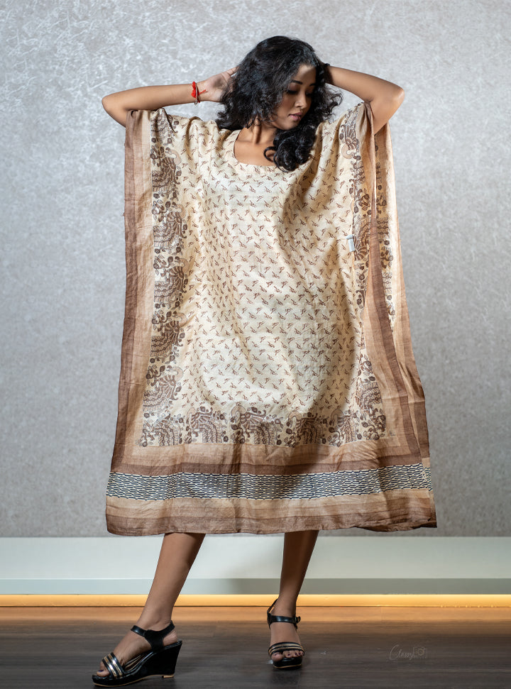 Brown bird print kaftan dress