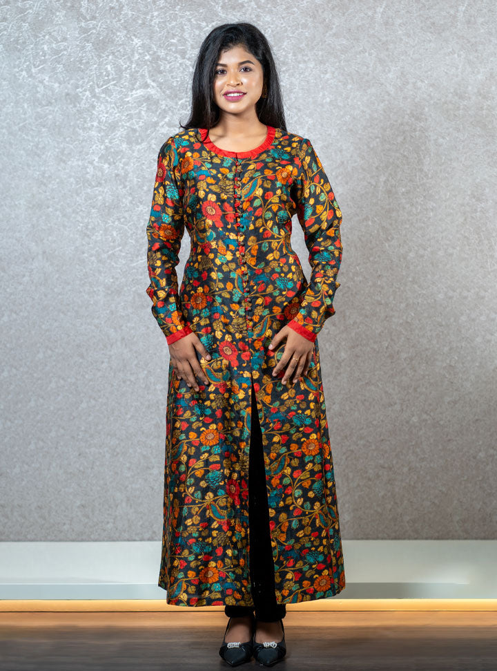 Floral printed front cut long kurti