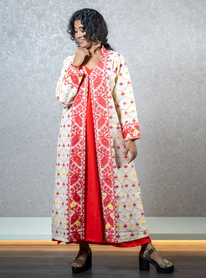 Red & white jamdani printed long dress