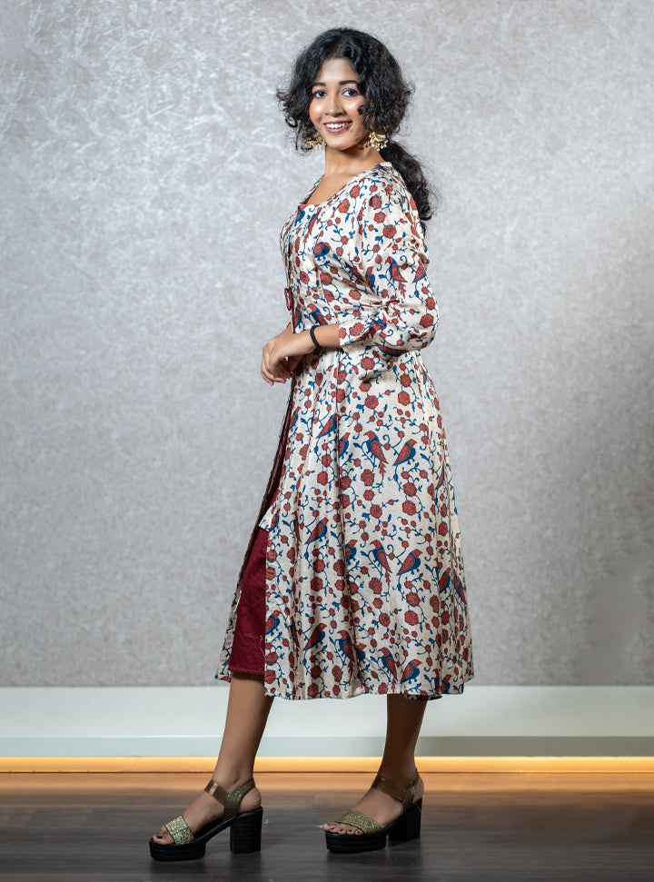 White and maroon floral bird print layered kurti