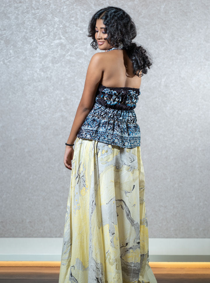 Blue & white printed halter neck top-long skirt set