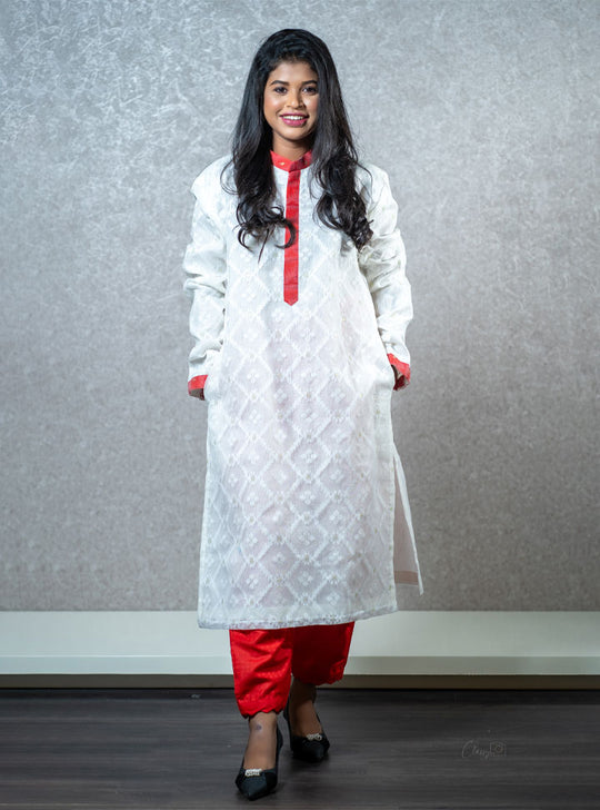 White & red full sleeve long kurti set