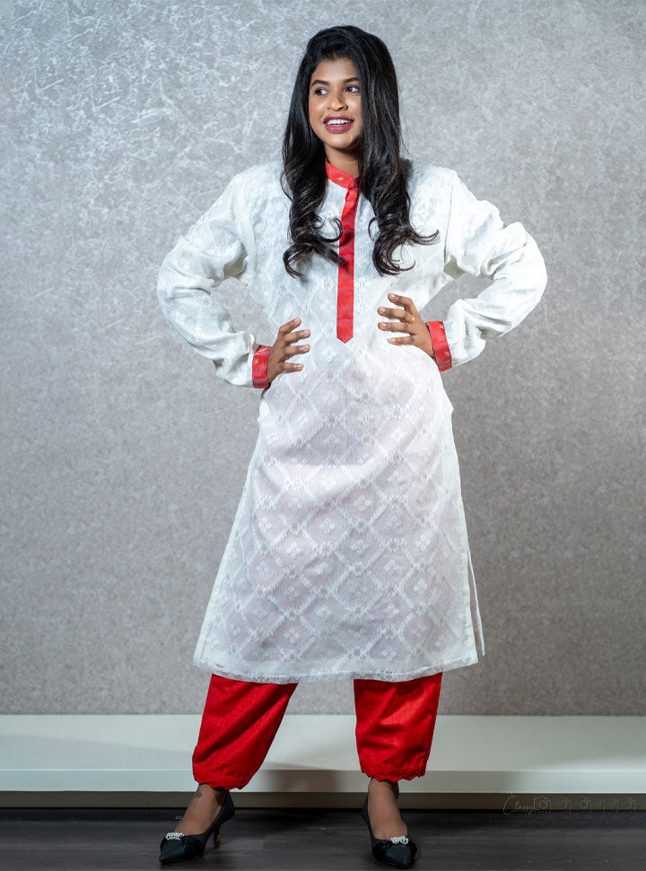 White & red full sleeve long kurti set