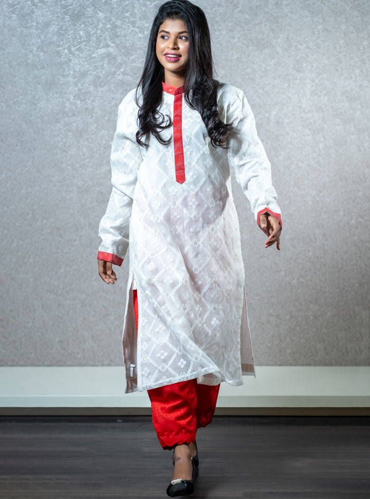 White & red full sleeve long kurti set