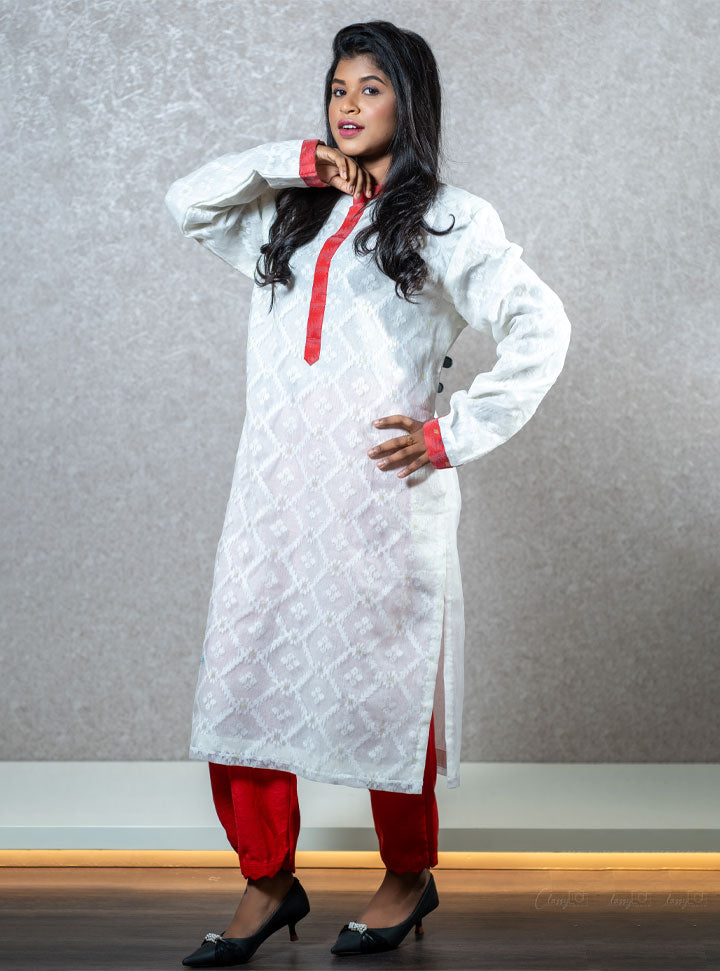 White & red full sleeve long kurti set