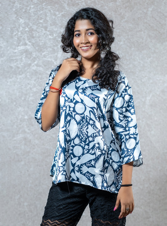 Floral printed blue short kurti