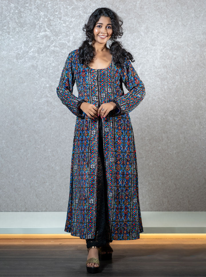 Multi colored printed black long kurti