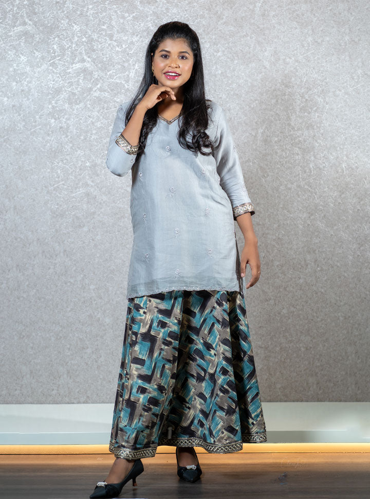 Sky blue printed kurti and skirt set