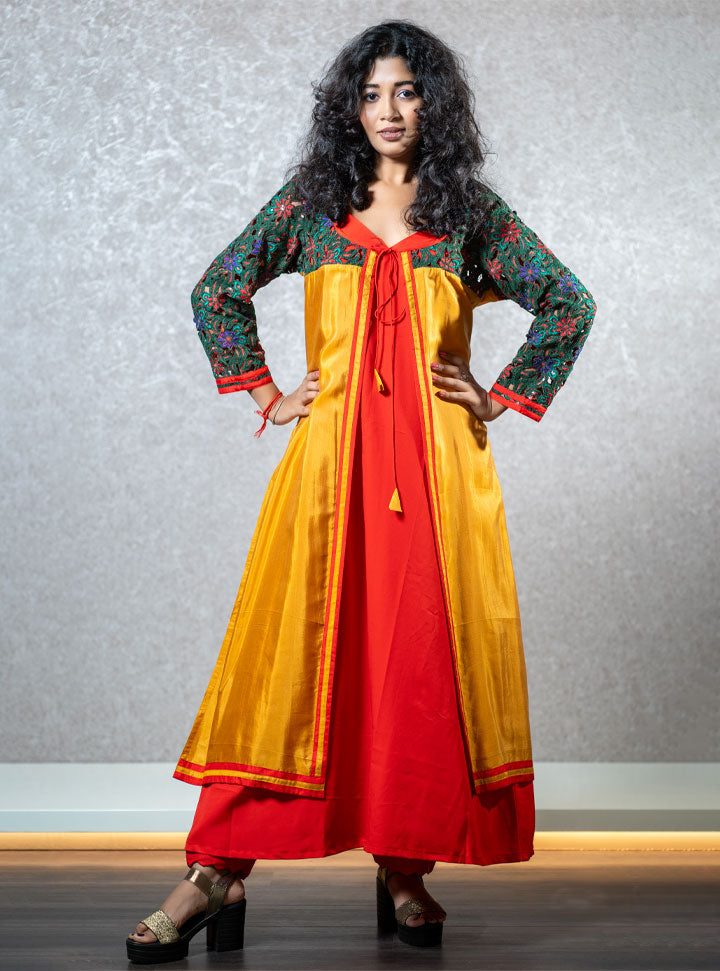 Red & yellow front knotted layered kurti