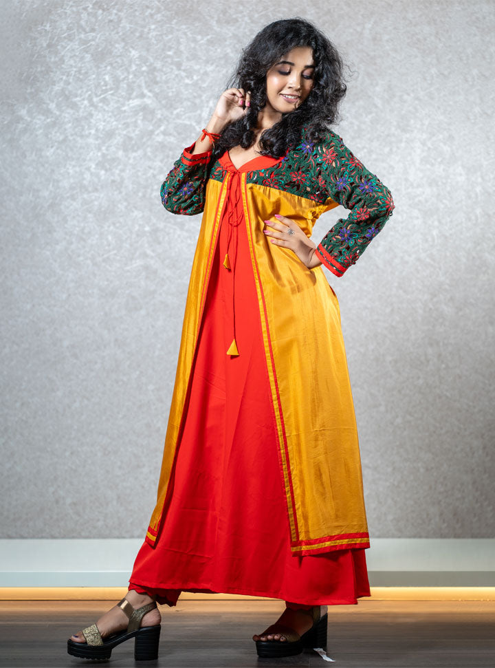 Red & yellow front knotted layered kurti