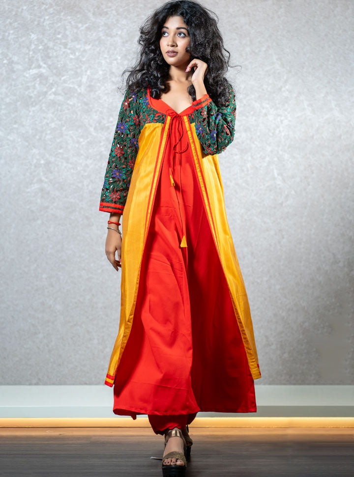 Red & yellow front knotted layered kurti