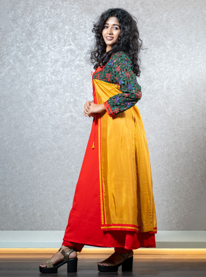 Red & yellow front knotted layered kurti