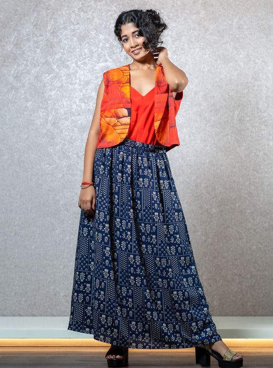 Red & blue printed top-skirt set