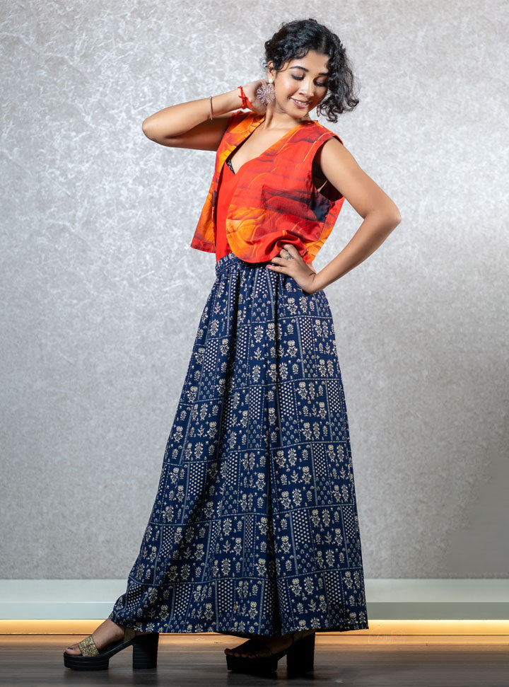 Red & blue printed top-skirt set