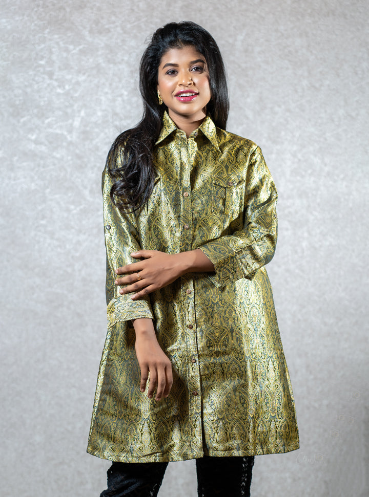 Glossy green ethnic printed shirt