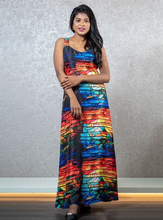 Sleeveless multi colored long maxi dress