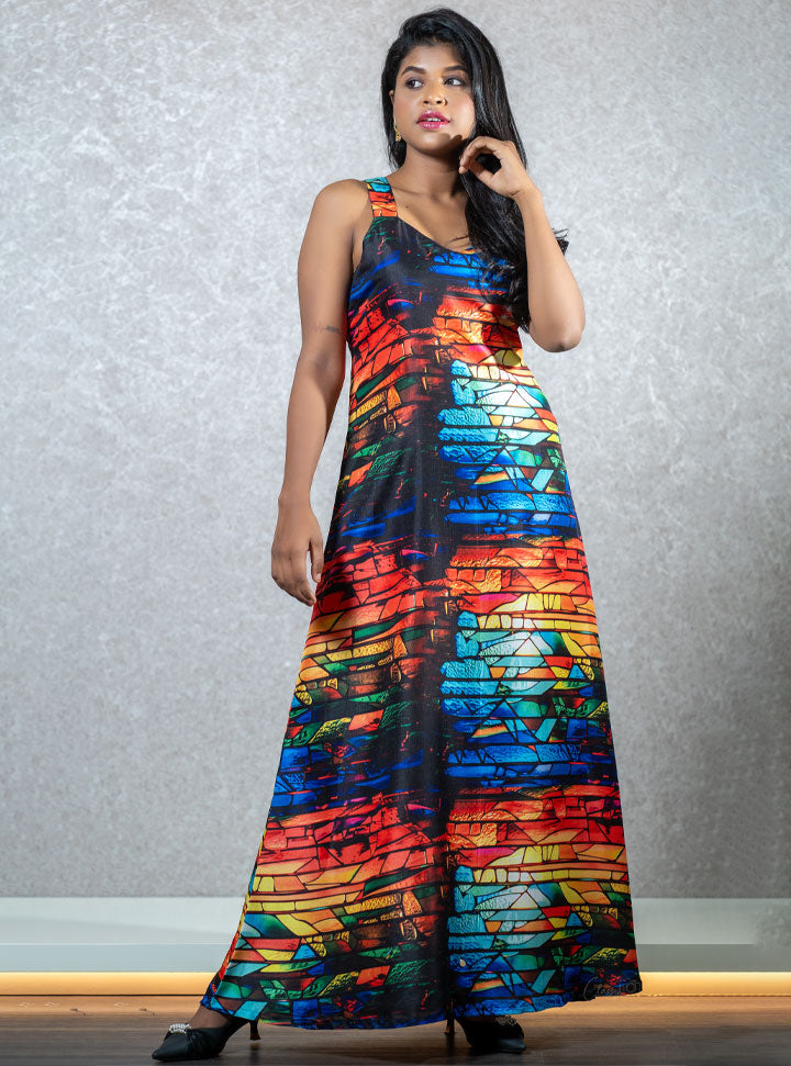 Sleeveless multi colored long maxi dress