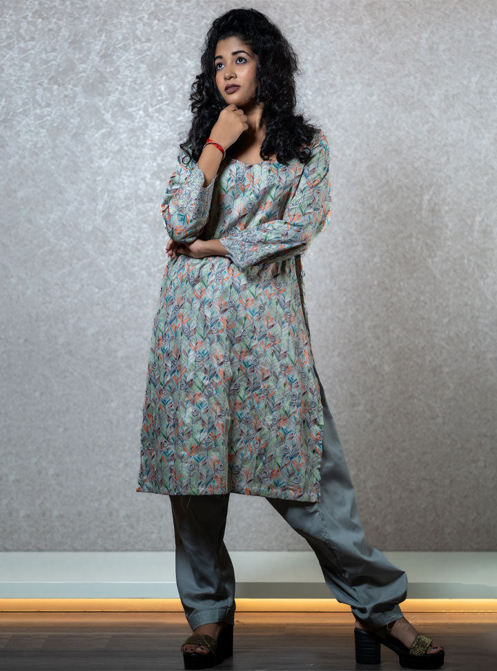 Leaf printed multi coloured kurti set