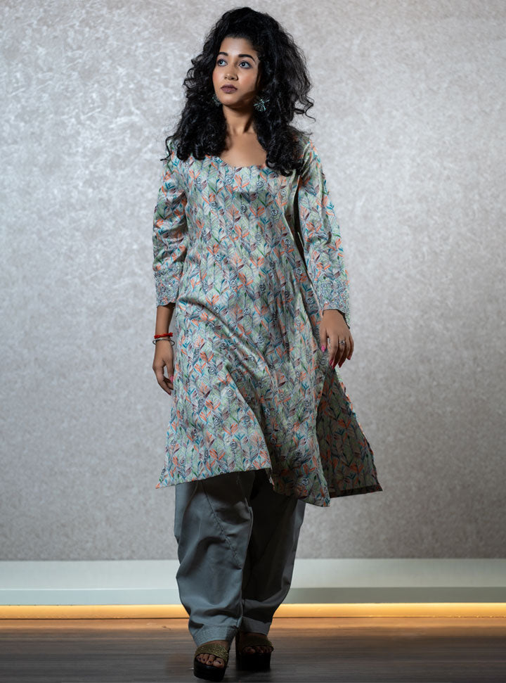 Leaf printed multi coloured kurti set