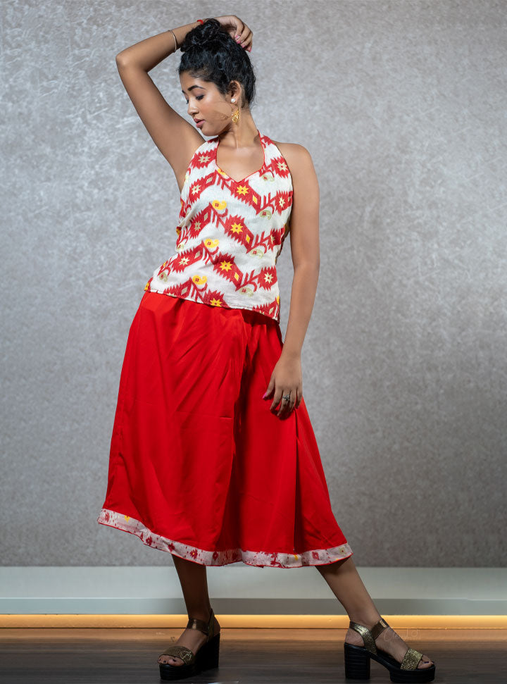 Red & white halter necj top- skirt set