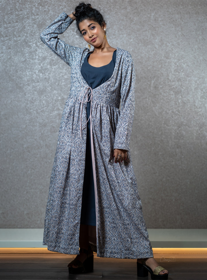 Full sleeve blue printed long dress