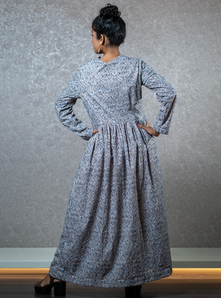 Full sleeve blue printed long dress