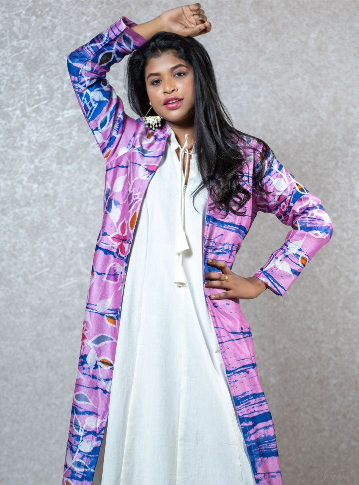 White maxi dress with purple printed long jacket