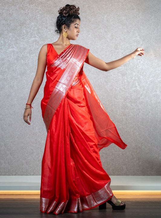 Brigh red silver printed designer saree