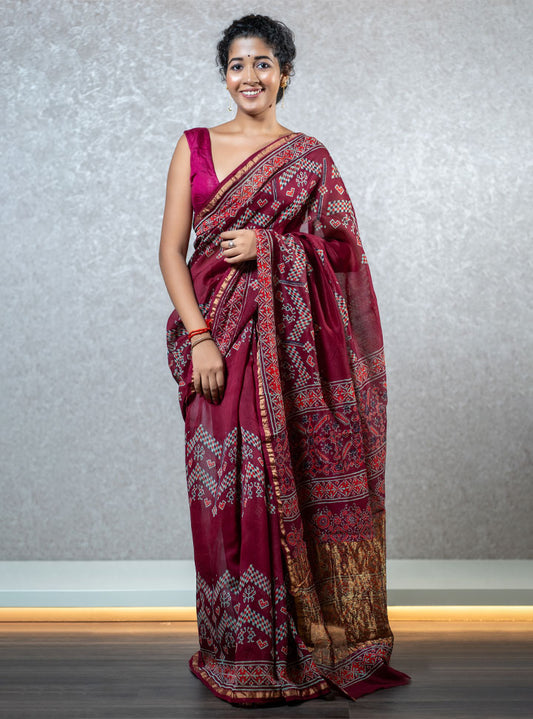 Maroon ethnic printed designer saree