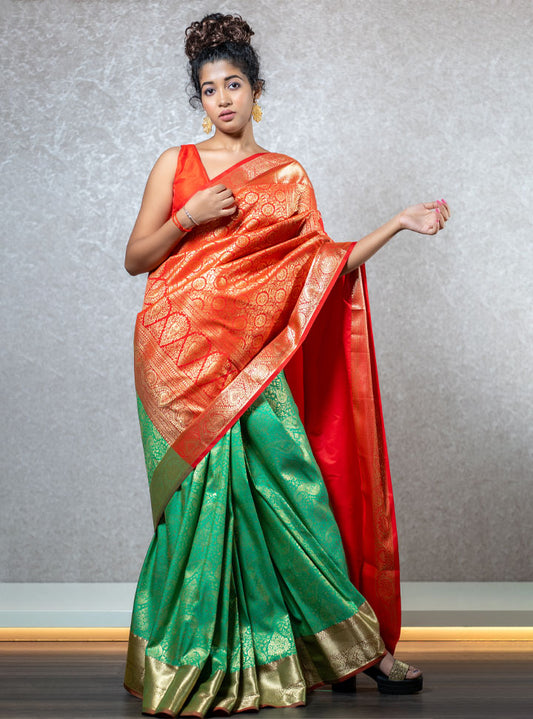 Bright red and green ethnic designer saree