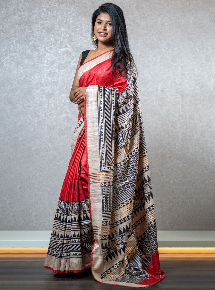 Red and black tribal printed designer saree