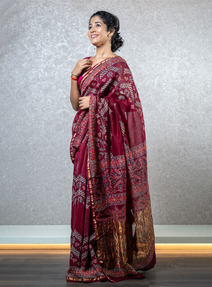 Maroon ethnic printed designer saree