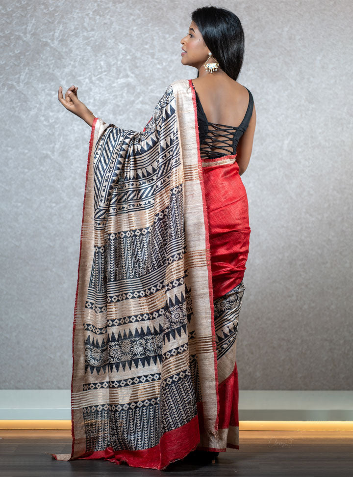 Red and black tribal printed designer saree