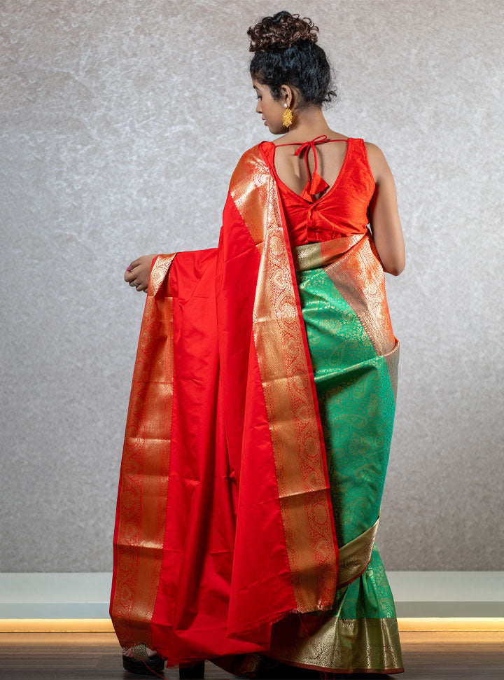 Bright red and green ethnic designer saree